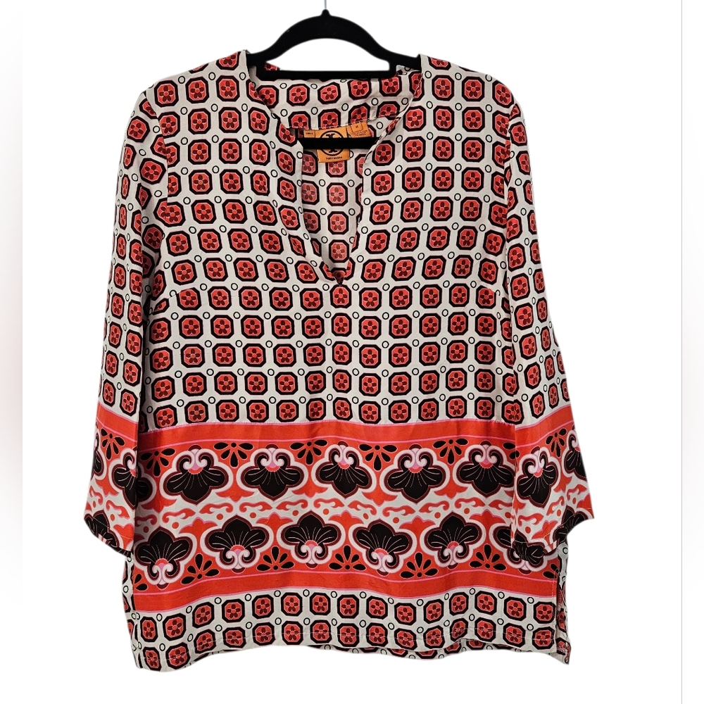 Tory Burch Coral Black Cream Printed V-Neck Blouse